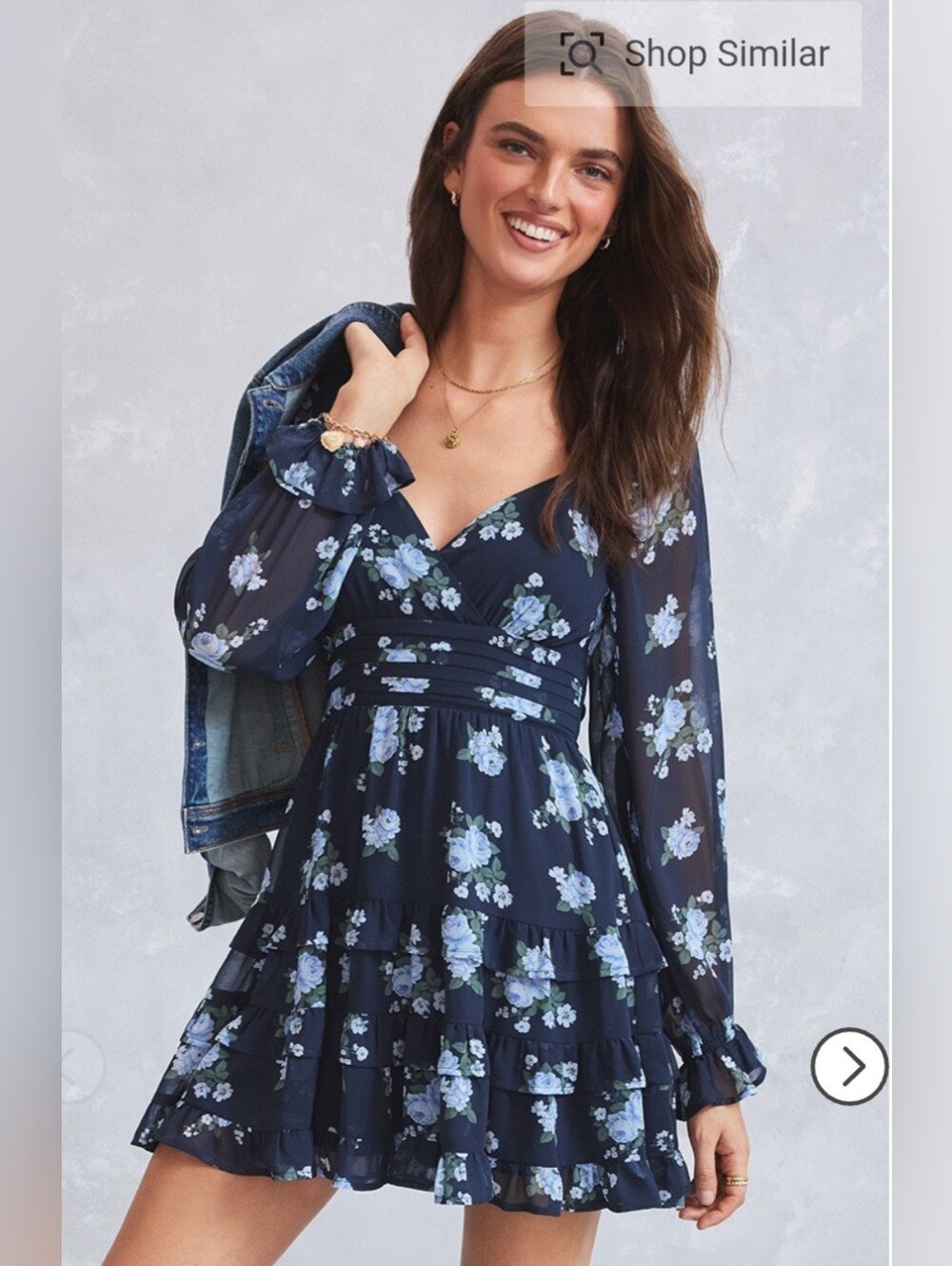 Francesca's Collections Navy B Sheer Floral V-Neck Dress with Light Blue Roses
